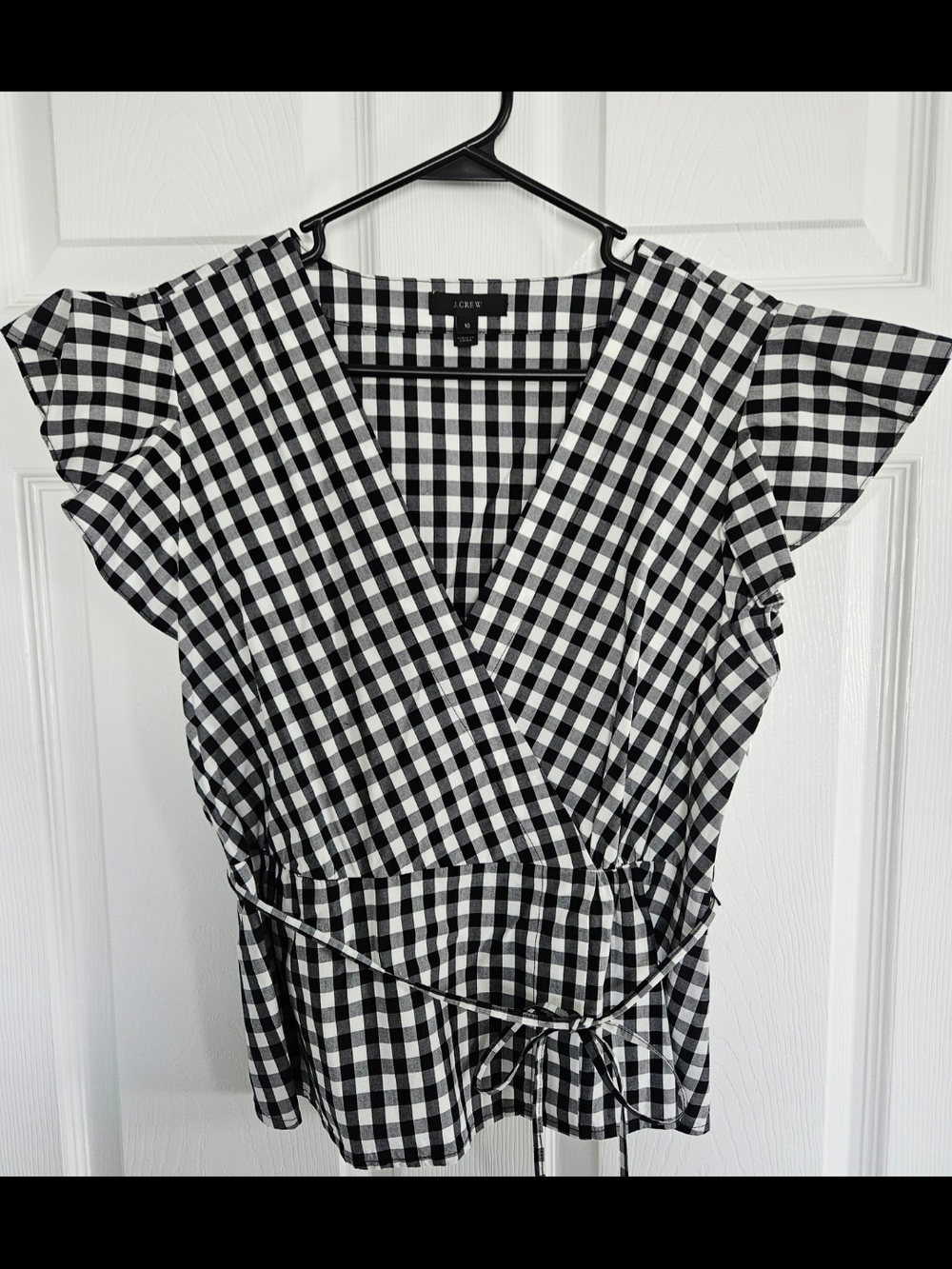 J. Crew Black & White Gingham Wrap Blouse